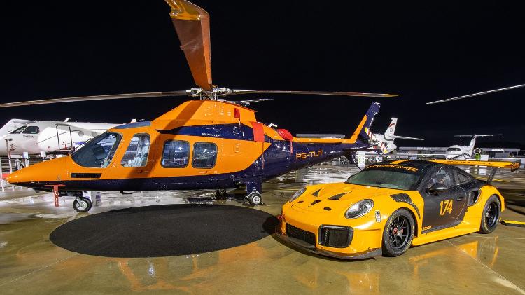 Marca italiana de helicópteros Leonardo fez uma dobradinha com um helicóptero AW109 GrandNew e um Porsche Stuttgart Marca italiana de helicópteros Leonardo fez uma dobradinha com um helicóptero AW109 GrandNew e um Porsche Stuttgart