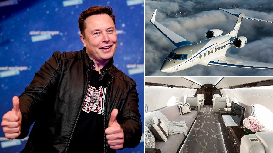 Elon Musk diz não ter mansão, mas possui um jatinho de US$ 70 milhões para se deslocar - Montagem UOL com imagens de AFP e divulgação/Gulfstream