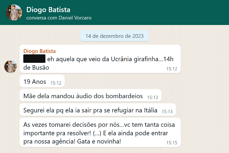 Print de conversa entre Diogo Batista e Vorcaro
