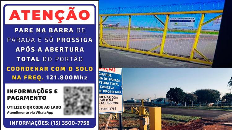 Aviso de cobrança, portão e obras no ponto de passagem da área pública para a área privada do aeroporto de Sorocaba (SP) Aviso de cobrança, portão e obras no ponto de passagem da área pública para a área privada do aeroporto de Sorocaba (SP)