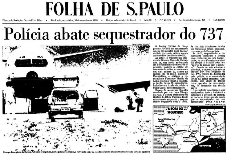 Capa da Folha de São Paulo sobre o sequestro do voo 375 da Vasp, em 1988