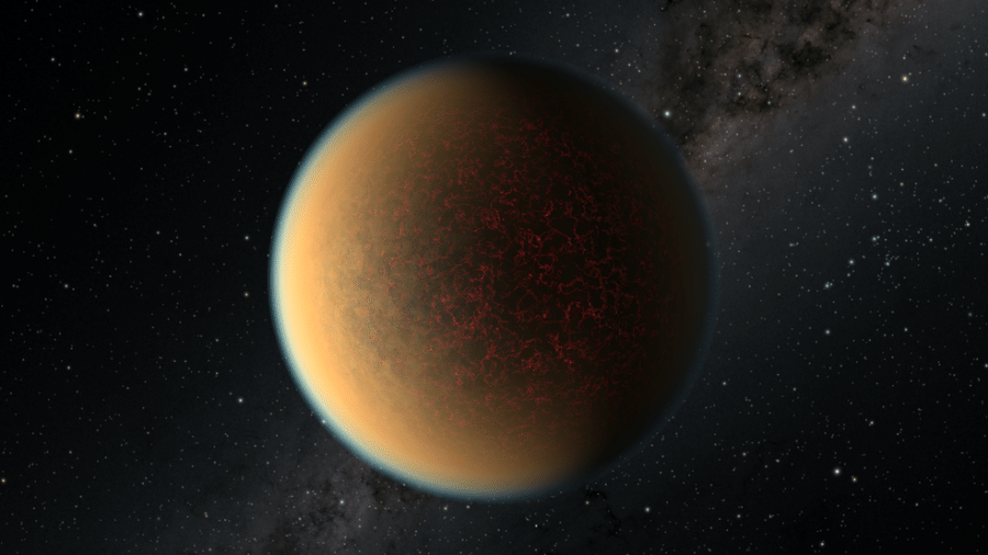 Ilustração artística do planeta GJ 1132 b. A atmosfera é representada por uma fina camada azulada, tal qual seria vista se estivéssemos mais próximos ao planeta - Nasa/ ESA/ R. Hurt (IPAC/Caltech)