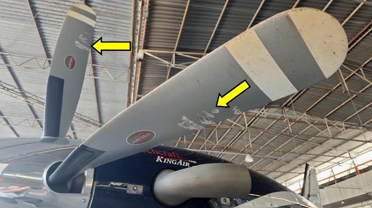 Prejuízo milionário: Danos causados na hélice do motor de um avião King Air que colidiu com a barreira colocada pela administradora do aeroporto de Sorocaba (SP) Prejuízo milionário: Danos causados na hélice do motor de um avião King Air que colidiu com a barreira colocada pela administradora do aeroporto de Sorocaba (SP)