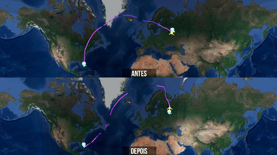 Rota de Moscou para Cuba antes e depois da restrição imposta por diversos países para sobrevoo de aviões russos - Montagem/FlightRadar24