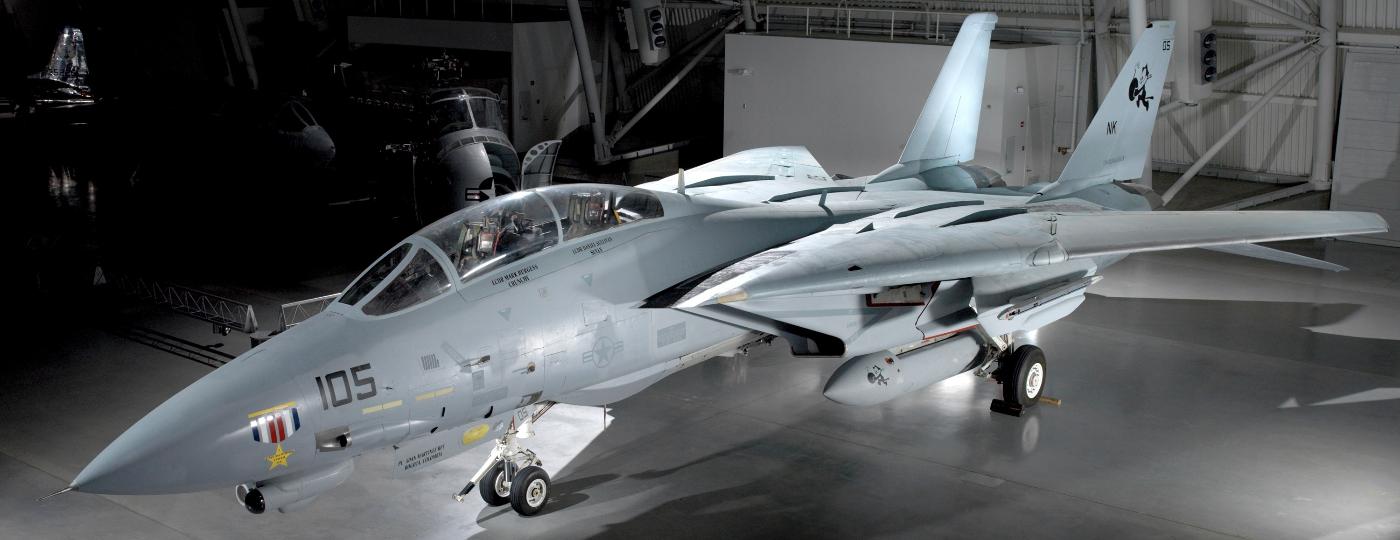 F-14D Tomcat, avião que muda a geometria de sua asa, o que facilita alguns tipos de operação - Smithsonian National Air and Space Museum