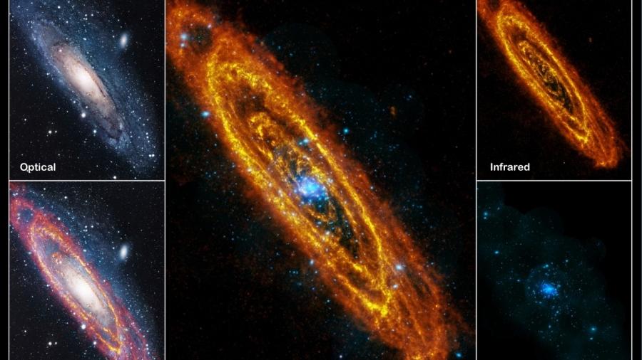 A galáxia de Andrômeda observada em diversas frequências, com telescópios e observatórios distintos. - ESA/Herschel/PACS/SPIRE/J. Fritz, U. Gent; Raios-X: ESA/XMM-Newton/EPIC/W. Pietsch, MPE; óptico: R. Gendler