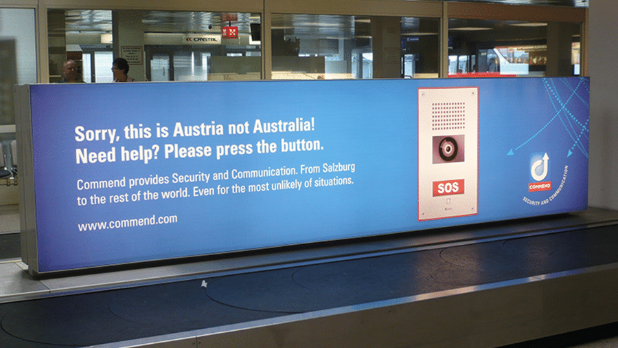 Propaganda em aeroporto da Áustria brincava oferecendo ajuda para quem tinha viajado para lá pensando que era a Austrália