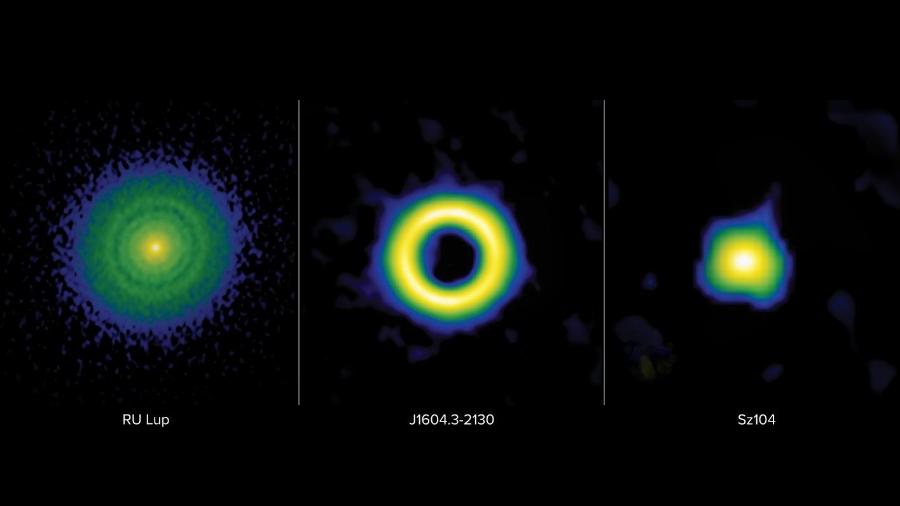 Imagens de discos protoplanetários observados com o ALMA. A formação de planetas pode gerar uma grande diversidade de lacunas e buracos nos discos - S. Dagnello (NRAO)/ ALMA (ESO/NAOJ/NRAO)