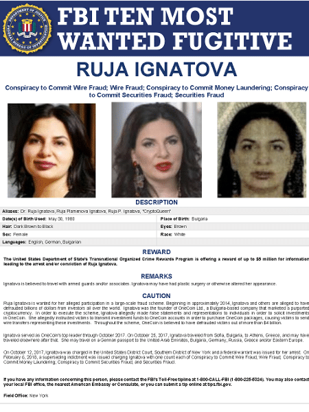 Cartaz dos mais procurados do FBI mostra Ruja Ignatova, a rainha das criptomoedas, que desapareceu ao pegar um voo da Bulgária para a Grécia