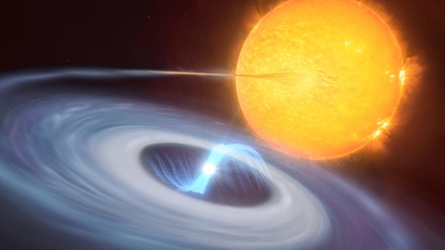 Impressão artística de uma micronova, com a anã branca sugando o material da companheira (nesse caso uma estrela mais amarelada) ao longo de campos magnéticos - ESO/M. Kornmesser, L. Calçada