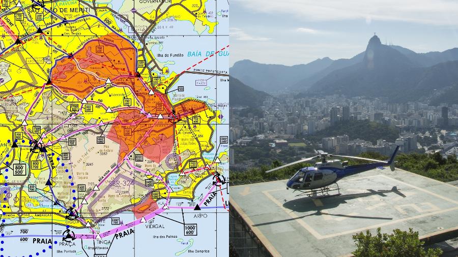 Mapa destaca em vermelho áreas onde há risco de disparo contra aeronaves. Rotas de helicópteros estão em rosa - Abraphe e Clodoaldo Lima
