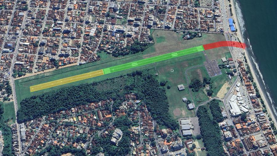 Pista do aeroporto de Ubatuba: Para pousos em direção à praia ou decolagens para o lado do continente, é vedado o uso do trecho em amarelo. Se a decolagem é feita rumo ao mar ou o pouso é no sentido da serra, é possível utilizar o trecho destacado em amarelo. O trecho verde tem 560 metros e o amarelo tem 380 metros de comprimento. O trecho vermelho é a rota aproximada do avião que saiu da pista