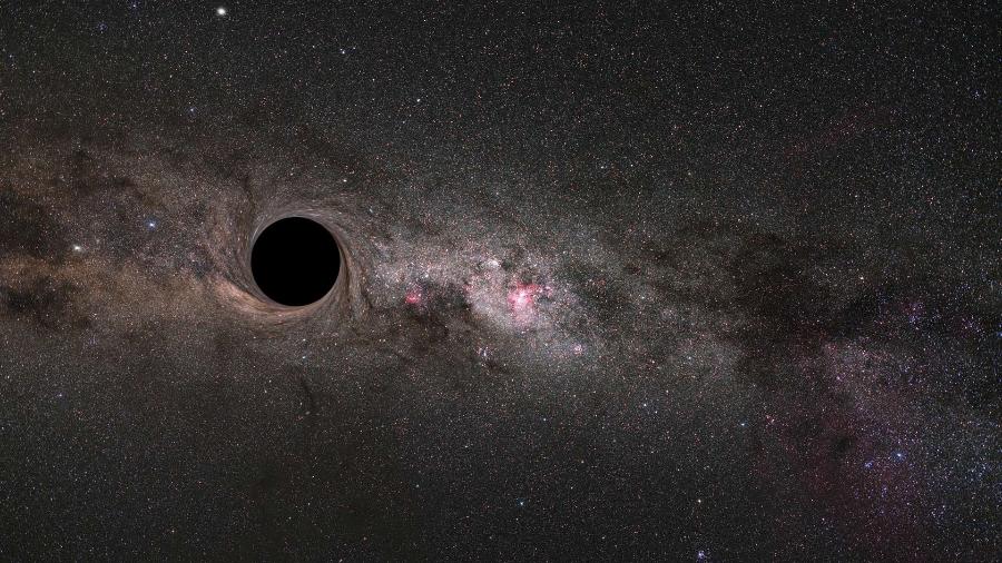 Ilustração do efeito de microlenteamento gravitacional causado por um buraco negro primordial - Sci-News.com / Zden?k Bardon / ESO