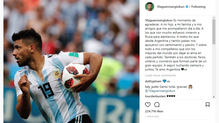 Sergio Aguero publicou mensagem de agradecimento após eliminação da Argentina - Reprodução/Instagram