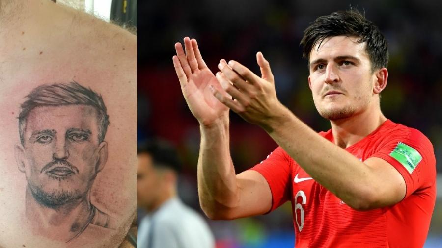 Torcedor inglês tatua rosto de Harry Maguire no peito - montagem: reprodução/Twitter e Dan Mullan/Getty Images