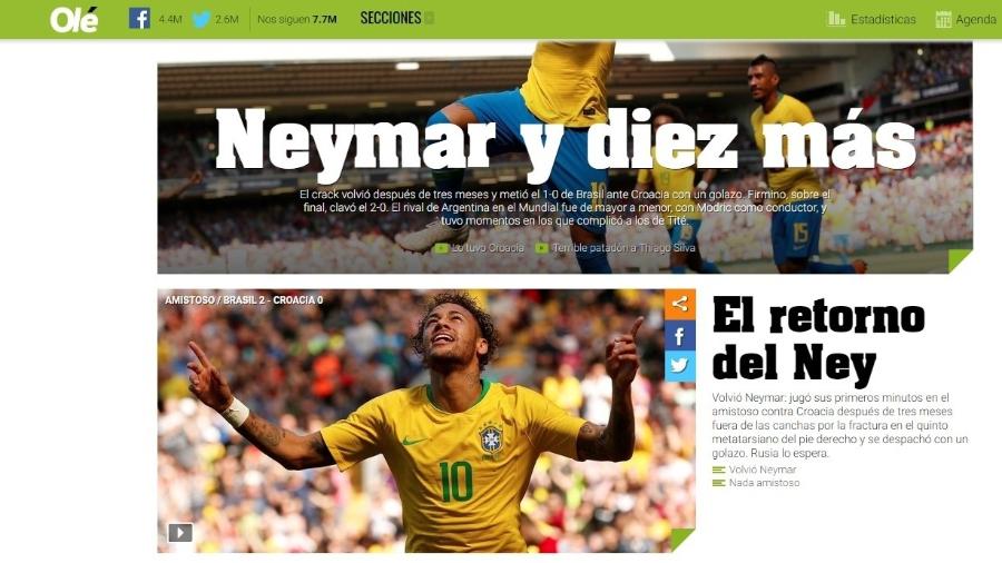 "Olé" brinca com volta de Neymar à seleção brasileira: "O Retorno do Ney" - Reprodução/Olé