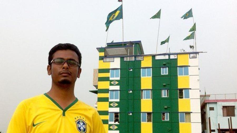 Torcedor de Bangladesh é tão fanático pelo Brasil que pintou um prédio inteiro de verde e amarelo - Salman Saeed/BBC