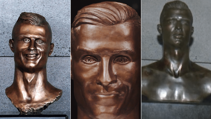 As três versões, da esq. à dir., do busto de C. Ronaldo no aeroporto da Ilha da Madeira - Reuters/Reprodução