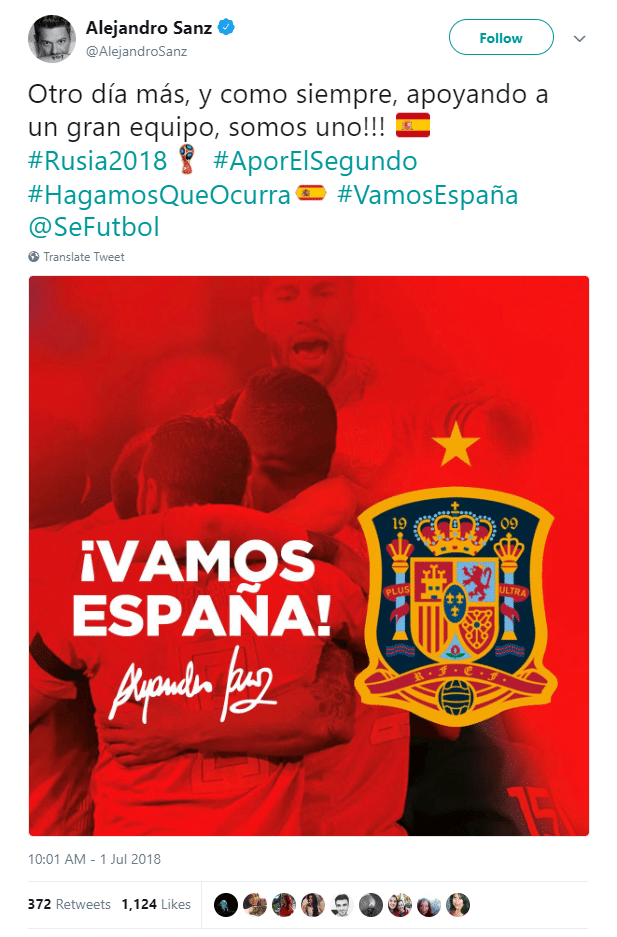 Alejandro Sanz tuitou em apoio à seleção espanhola antes da partida contra a Rússia