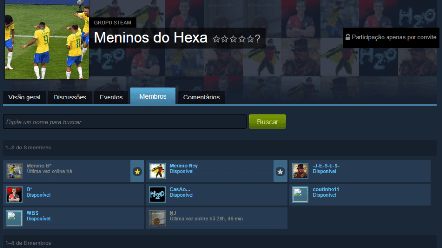 Neymar, Coutinho e companhia jogam CS em grupo chamado "Meninos do Hexa" - reprodução/Steam