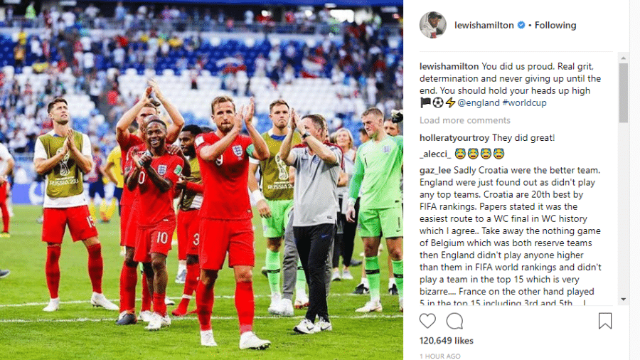 Hamilton apoia seleção inglesa após eliminação na Copa - Reprodução
