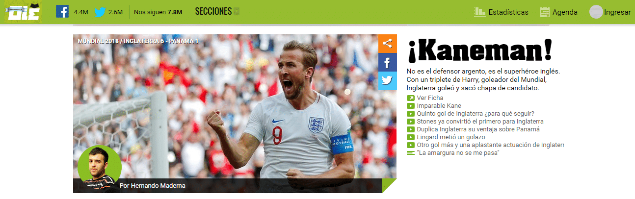 O diário argentino Olé destaca a vitória da Inglaterra por 6 a 1 - Reprodução