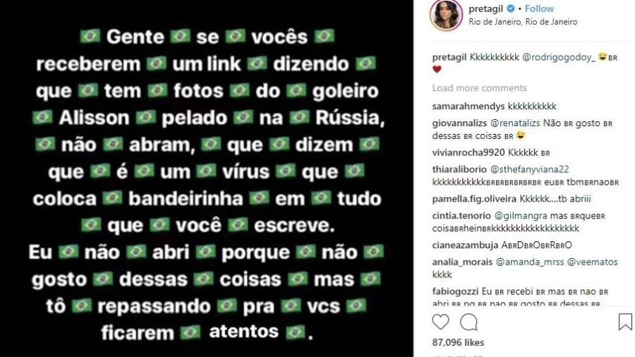 Preta Gil brinca com suposto vírus com fotos de Alisson pelado - Reprodução/Instagram