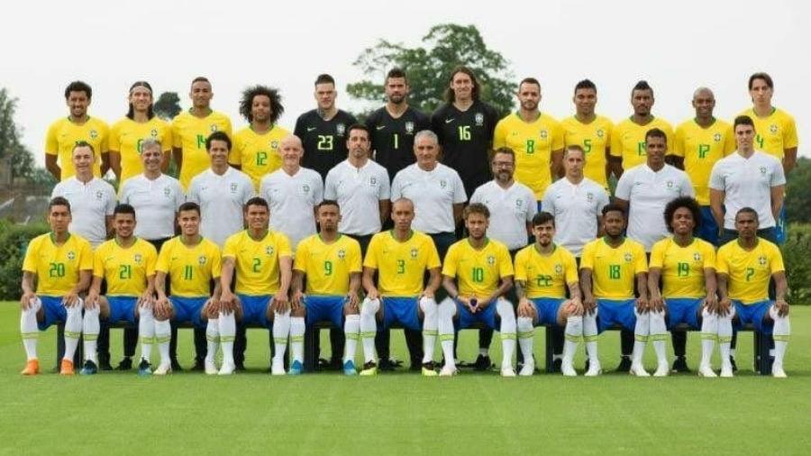 Montagem com Neymar fazendo gesto polêmico em foto da seleção brasileira - Reprodução