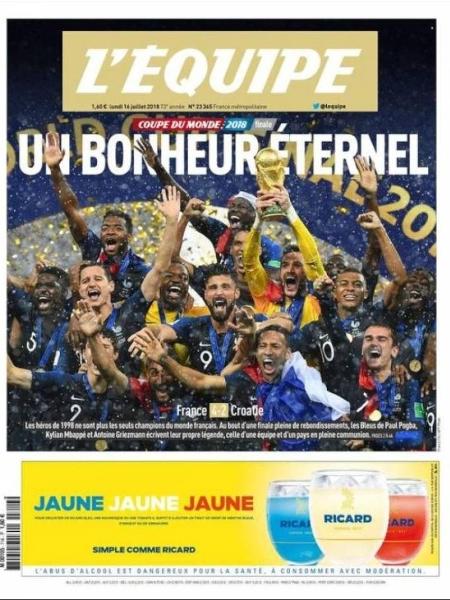 Capa do jornal "L"Équipe" no dia seguinte ao título francês na Rússia -  Reprodução/L"Équipe