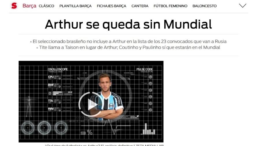 Jornal espanhol Sport destaca ausência de Arthur na lista de Tite - Reprodução