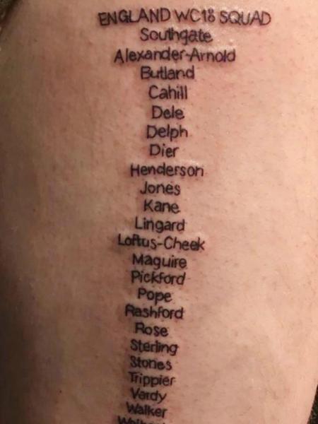 Torcedor inglês tatua nome dos 23 da seleção - Reprodução/Twitter