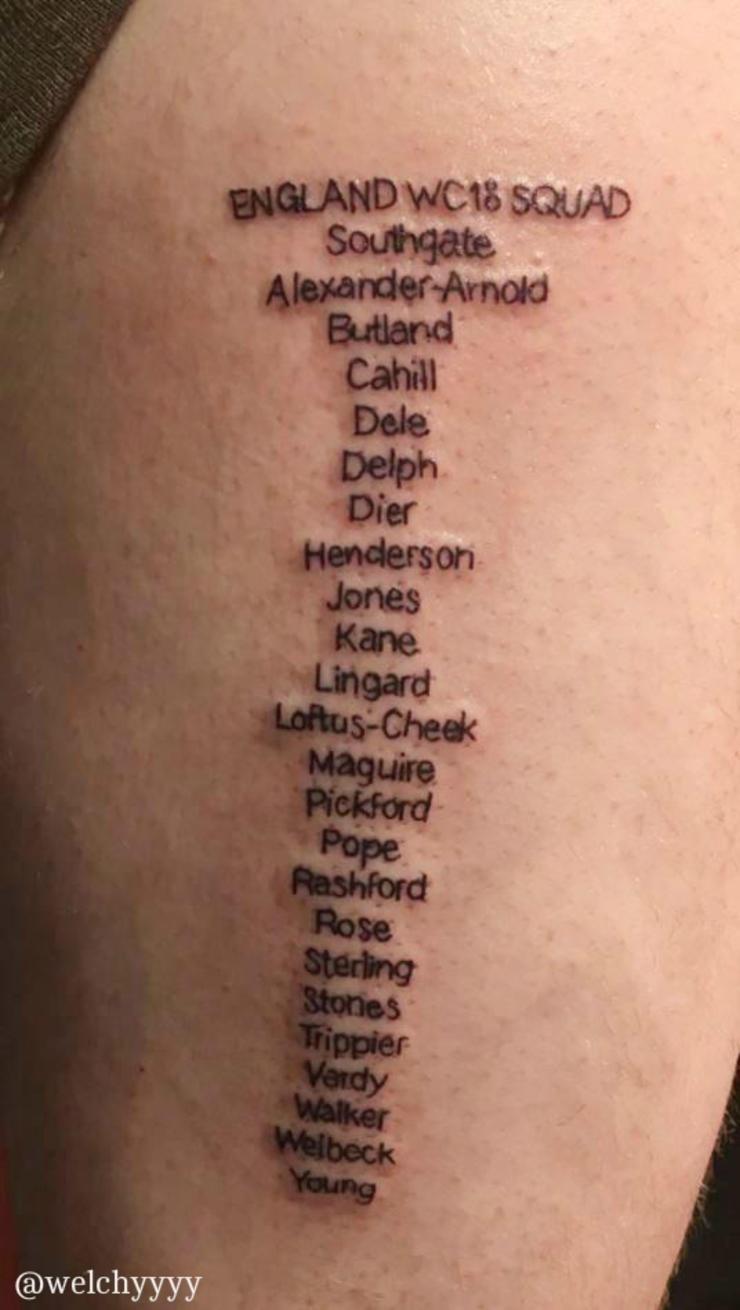 Torcedor inglês tatua nome dos 23 da seleção