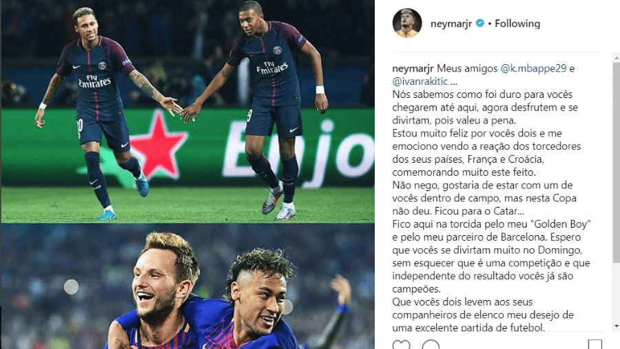 No Instagram, Neymar deseja sorte para Ivan Rakitic e Kylian Mbappé - Reprodução/Instagram