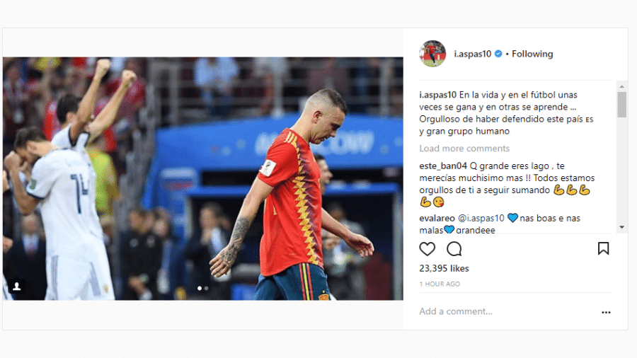 Iago Aspas publicou no Instagram após eliminação da Espanha - Reprodução/Instagram