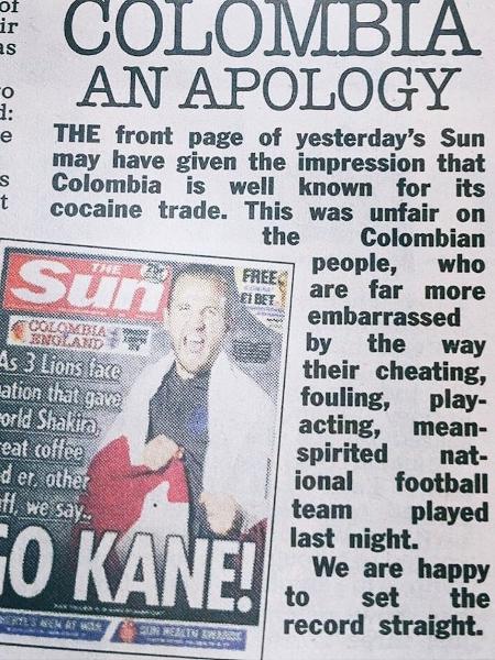 The Sun voltou a provocar a Colômbia após vitória na Copa do Mundo - Reprodução/The Sun