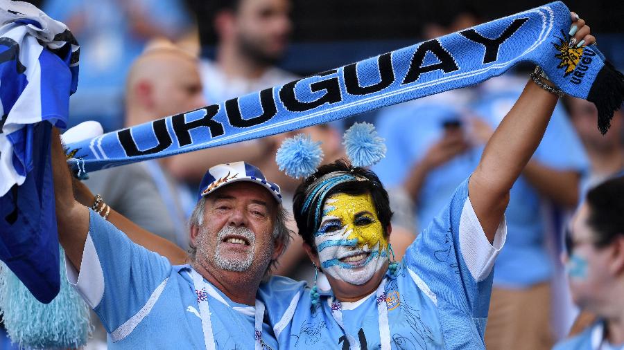 Torcedores do Uruguai na Arena Rostov para o jogo contra a seleção da Arábia Saudita - David Ramos/FIFA via Getty Images