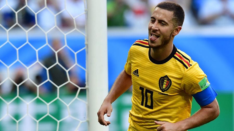Hazard comemora o seu gol, o segundo da Bélgica contra a Inglaterra. Bélgica venceu por 2 a 0 - AFP