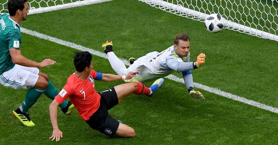Neuer falhou ao segurar a bola, mas se recuperou a tempo de impedir o gol da Coreia do Sul