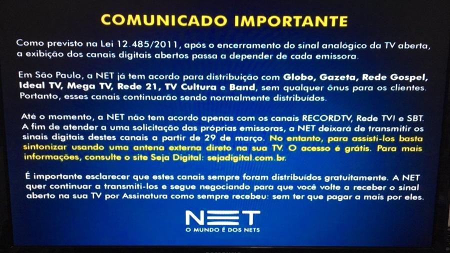 Aviso da Net no dia do desligamento do sinal analógico - Reprodução/TV