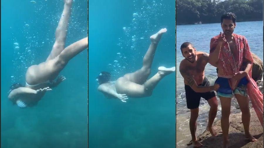 Anitta mergulha em dia de praia com o namorado, Pedro Scooby, e o amigo, Renner Souza - Reprodução/Instagram