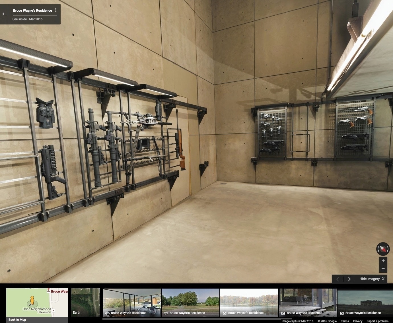 Google Street View permite visitar o cenário da Batcaverna no filme "Batman Vs Superman: A Origem da Justiça" - Reprodução/Google Street View