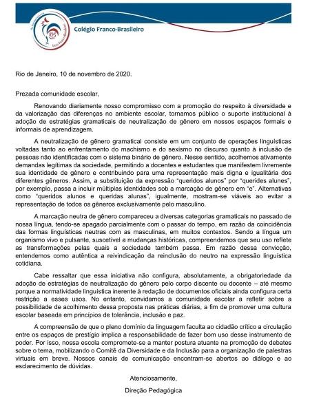 Colégio do Rio de Janeiro adota neutralização de gênero em vocabulário -  11/11/2020 - UOL Universa