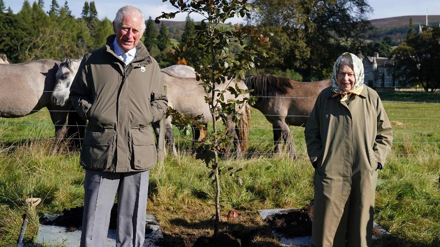 Em 2021, o então príncipe Charles (agora reI) ao lado da rainha Elizabeth e de uma árvore que os dois plantaram - Andrew Milligan / POOL / AF