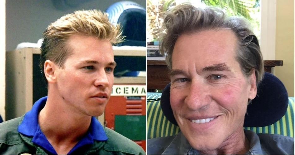 Val Kilmer tinha 26 anos quando interpretou Iceman, o rival de Tom Cruise. Anos depois, ele interpretou o Batman e o Jim Morrison nos cinemas. Nos últimos anos, o ator descobriu um câncer na garganta, mas por causa de sua religião, a Cientologia, ele tem recusado os tratamentos - Divulgação