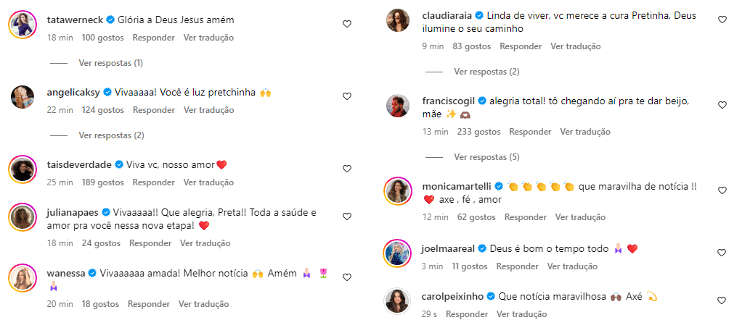 Tatá Werneck, Claudia Raia, Angélica e outros famosos comemoram resultado da cirurgia de Preta Gil