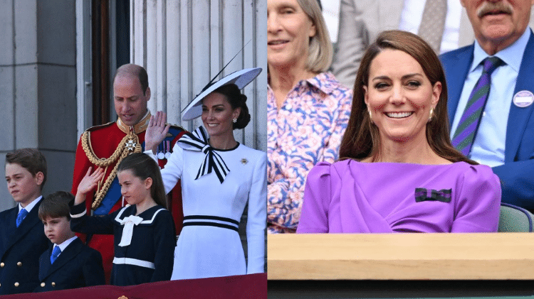 Kate Middleton com a família no Trooping the Colour (à esq.) e em Wimbledon (à dir.)