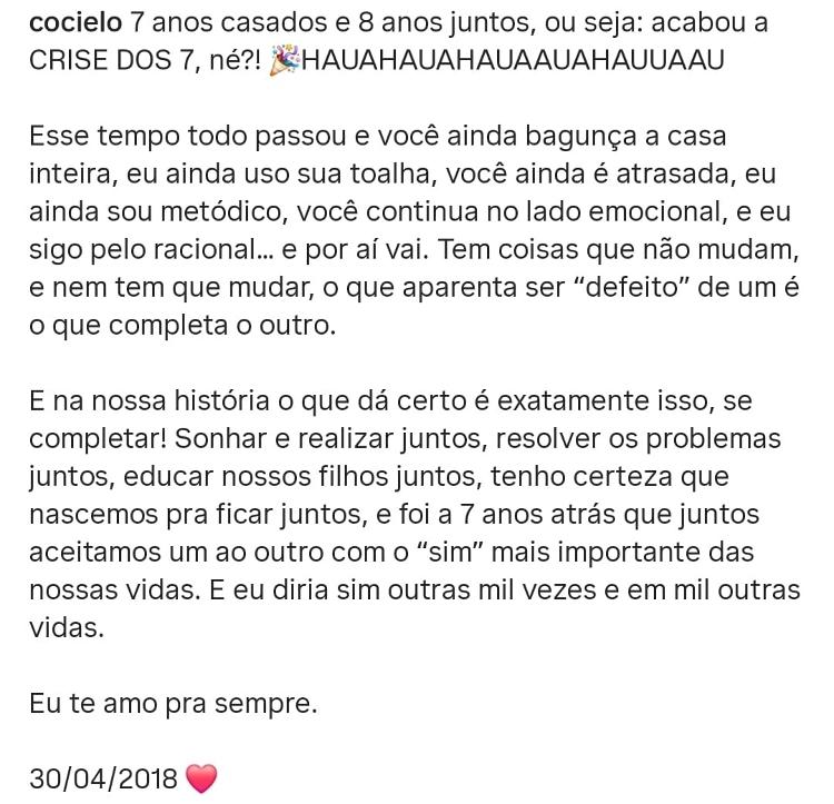 Cocielo falou em 'crise dos 7' em post de aniversário de casamento