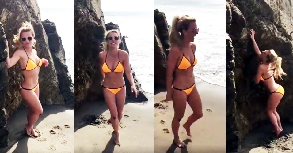 04.mar.2016 - Aos 34 anos, Britney Spears mostrou - mais uma vez - que está com a dieta em dia ostentando uma barriguinha seca e sarada na praia. No vídeo, divulgado pela própria cantora em uma rede social, ela aparece sorridente e dançando para a câmera