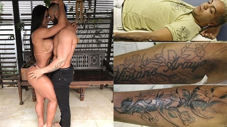 Antes de casar com Gracyanne Barbosa, Belo ficou por nove anos com Viviane Araújo. O relacionamento acabou e os dois não quiseram mais manter nenhum vínculo. O pagodeiro, que tinha o nome dela escrito no antebraço esquerdo, cobriu a homenagem com um desenho de rosas - AgNews e Reprodução/Instagram