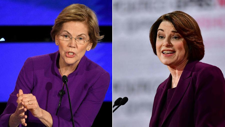 As senadoras Elizabeth Warren (à esquerda) e Amy Klobuchar, pré-candidatas democratas à presidência dos EUA - Robyn Beck/AFP